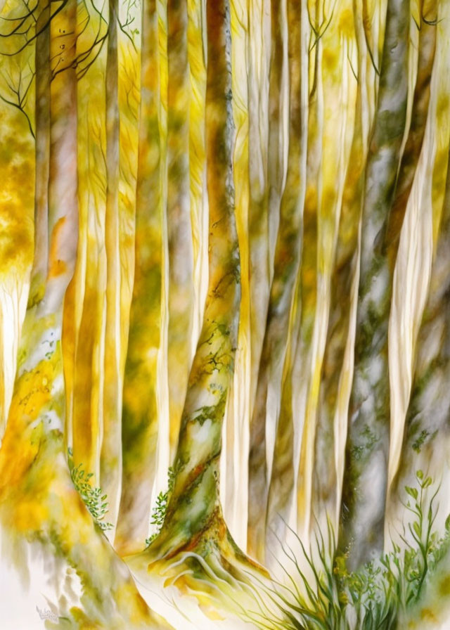 Sunlit forest painting with tall trees and golden leaves in mist