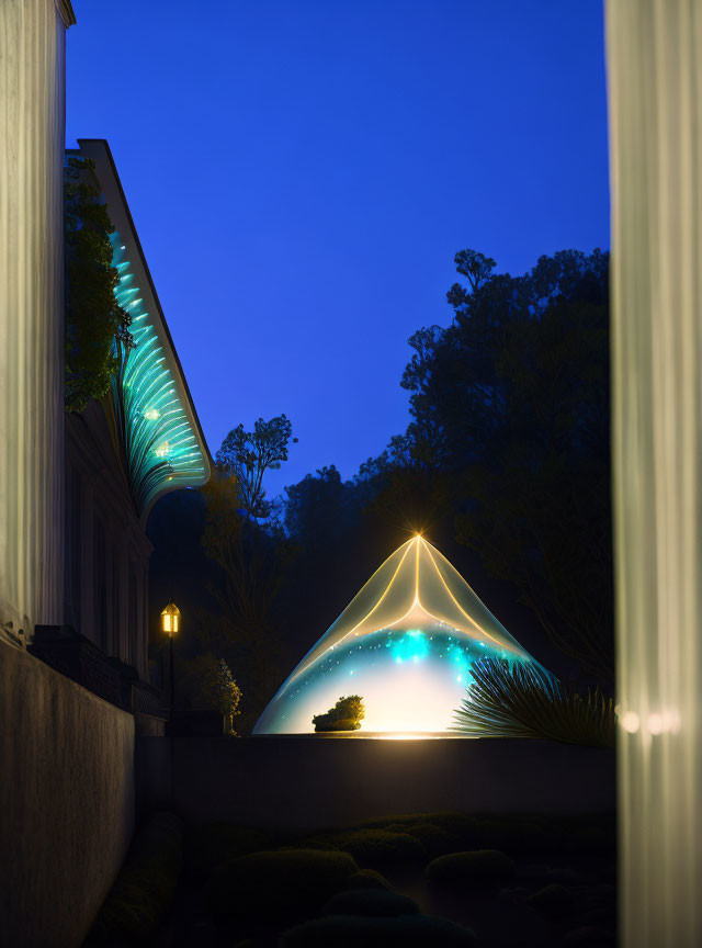 Unique Blue-Lit Pyramid in Forest Setting