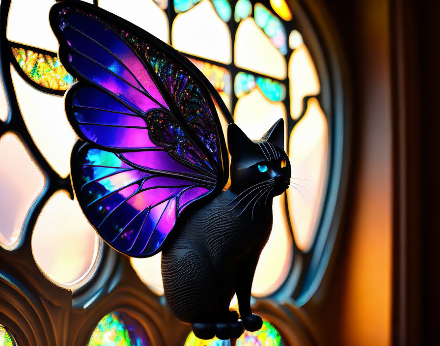 Silhouette of Black Cat with Colorful Butterfly Wings in Stained Glass Window