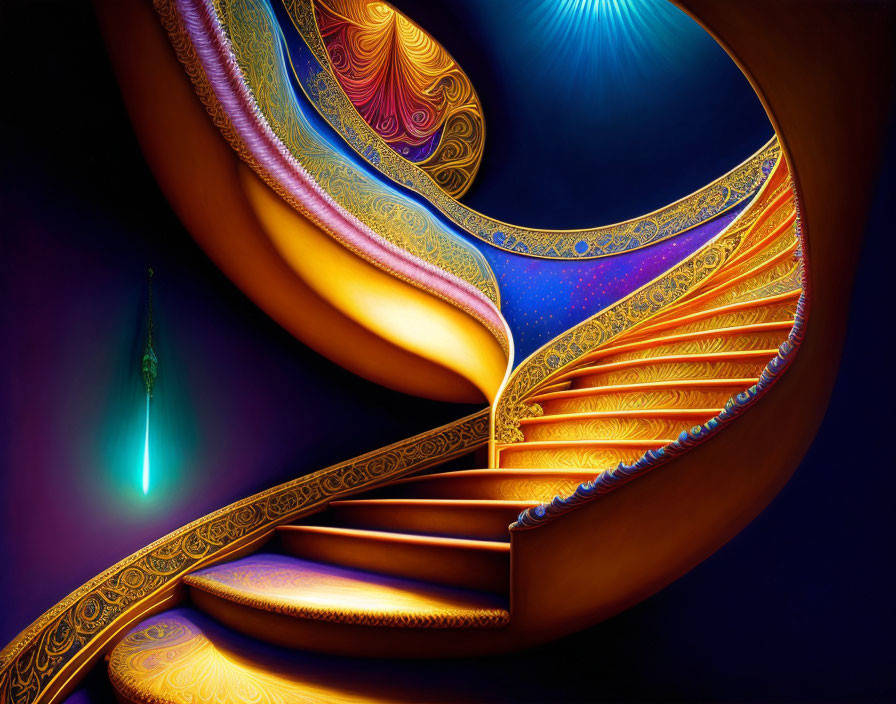 Intricate Spiral Staircase with Glowing Lantern on Starry Background