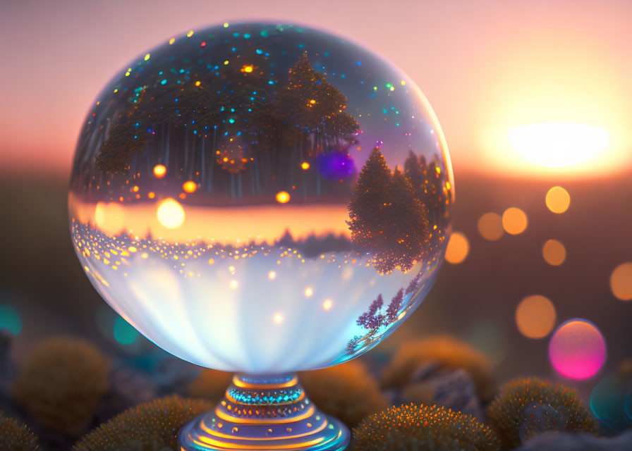 Reflective winter scene crystal ball on ornate stand at twilight