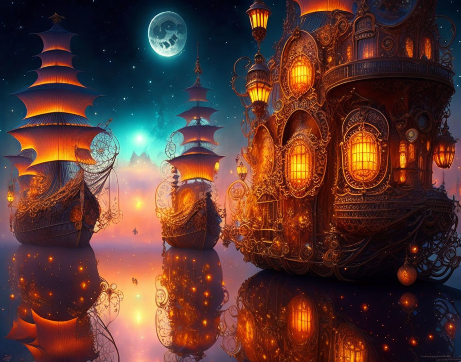 Fantastical night seascape with glowing ships and buildings