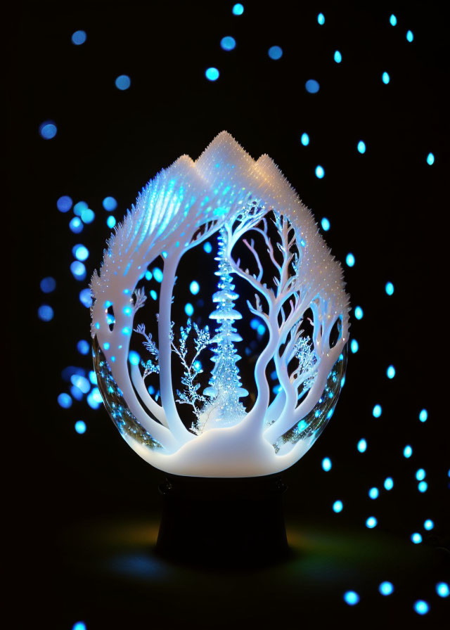 Intricately carved tree design on glowing egg with forest motif