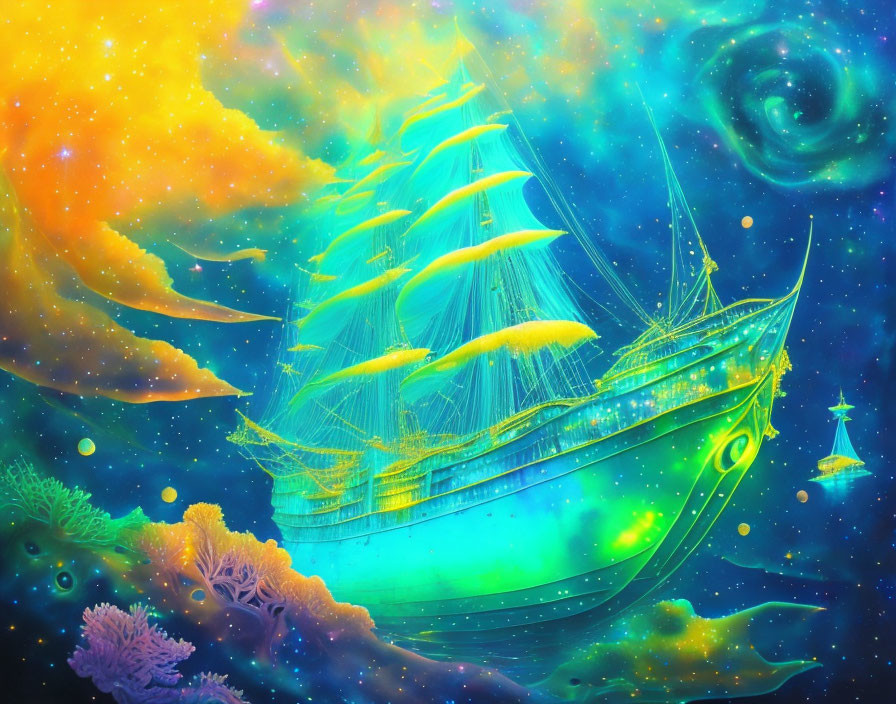 Colorful cosmic sailing ship floating in star-filled ocean