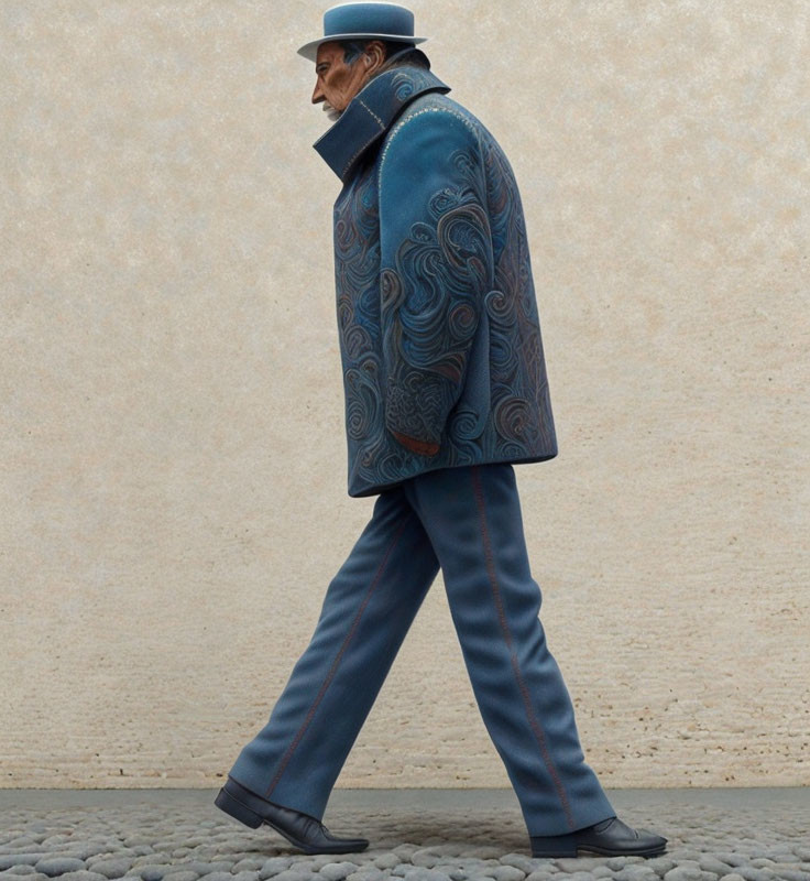 Elderly man in stylish blue coat and hat walking confidently