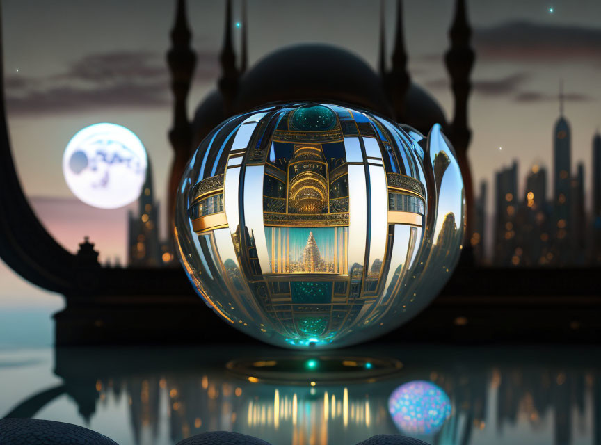 Spherical object reflecting distorted city skyline and moon at twilight