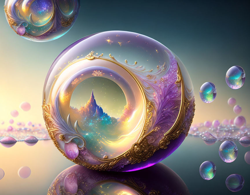 Fantasy image of golden-trimmed bubbles with magical landscapes on glossy surface