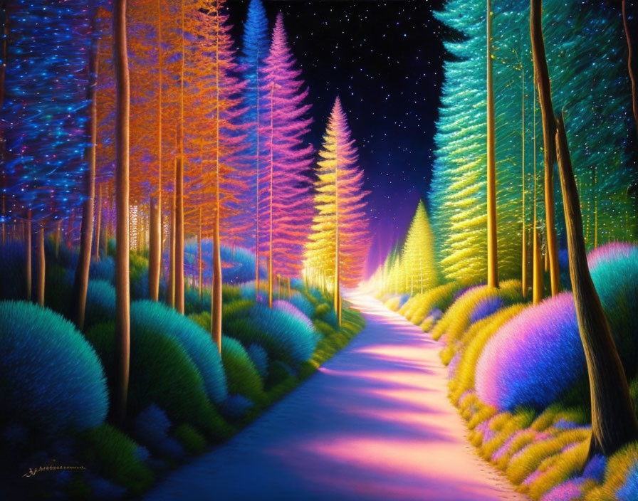 Colorful Glowing Path Through Enchanted Forest at Night