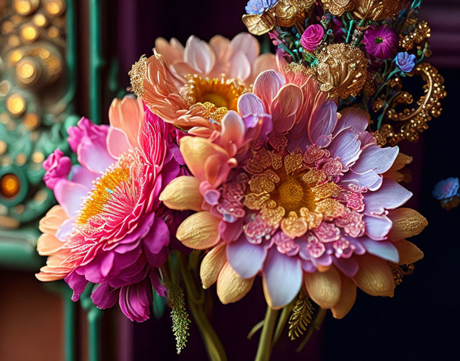 Pink and Yellow Flower Bouquet on Dark Ornate Background