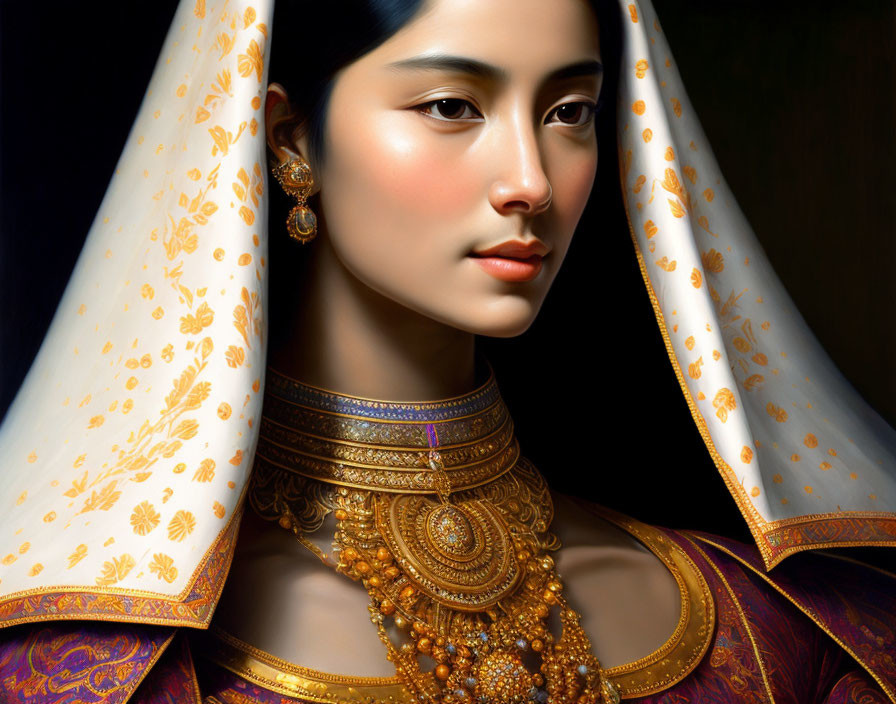 Traditional Attire Digital Portrait with Elegant Woman & Golden Jewelry