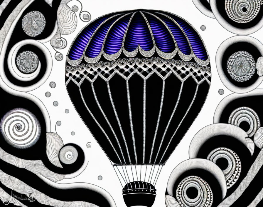 Monochrome abstract art: central hot-air balloon, swirling patterns