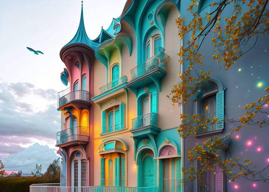 Colorful building with turrets and balconies in twilight setting