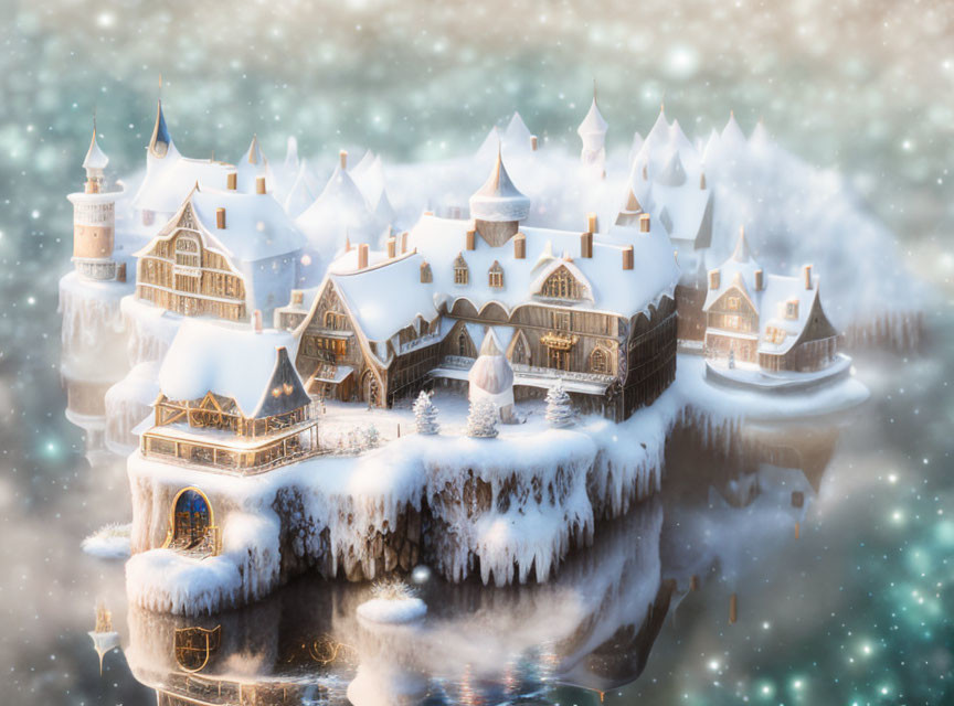 Snowy village on floating island with Tudor-style buildings in misty snowfall