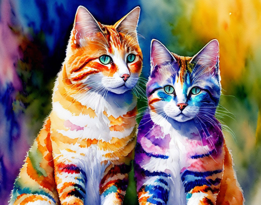 Vibrant Watercolor Cats on Rainbow Background