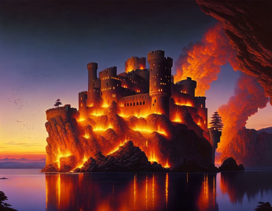 Fantastical castle on cliff with flowing lava reflected in water at sunset.