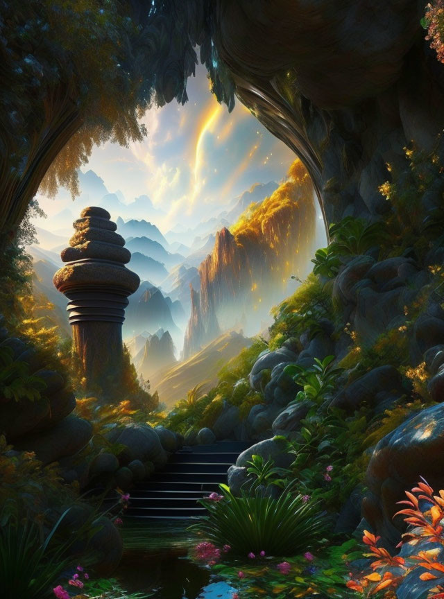 Enchanting forest scene with stone stairway, lush foliage, colorful flowers, and mountain view.