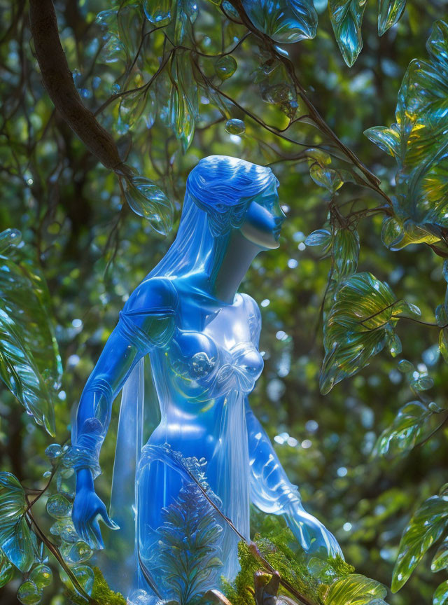 Translucent blue female figure sculpture among green leaves