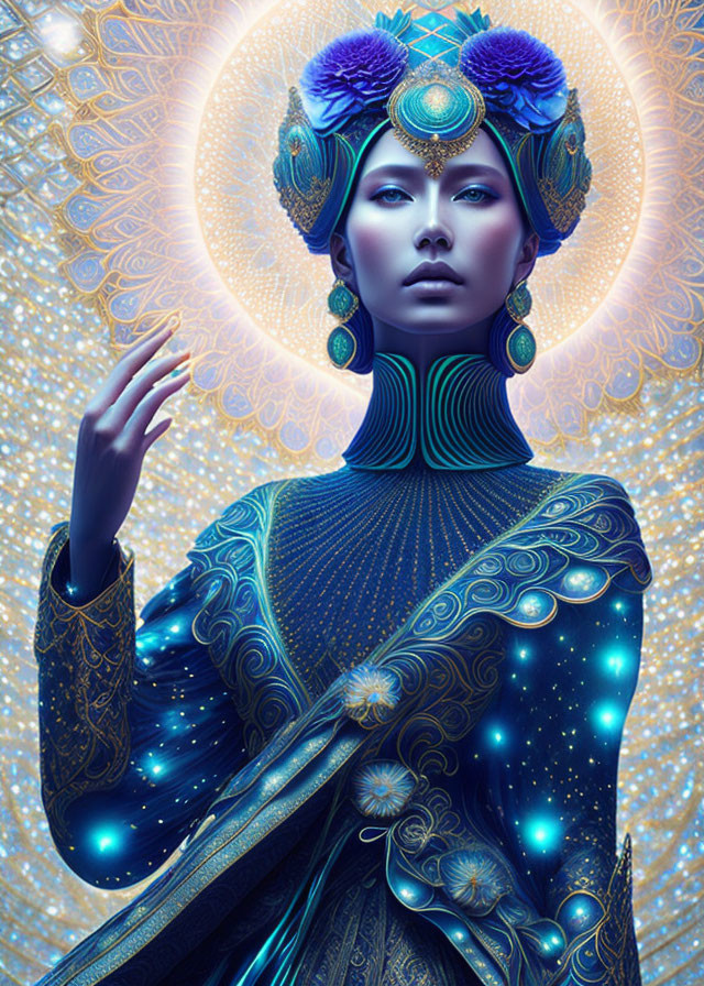 Elaborate digital art: Mystical woman in blue and gold attire