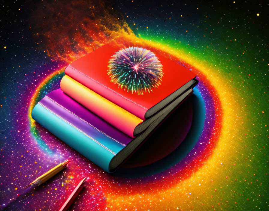 Colorful Books Stack with Pen on Cosmic Background and Firework Display