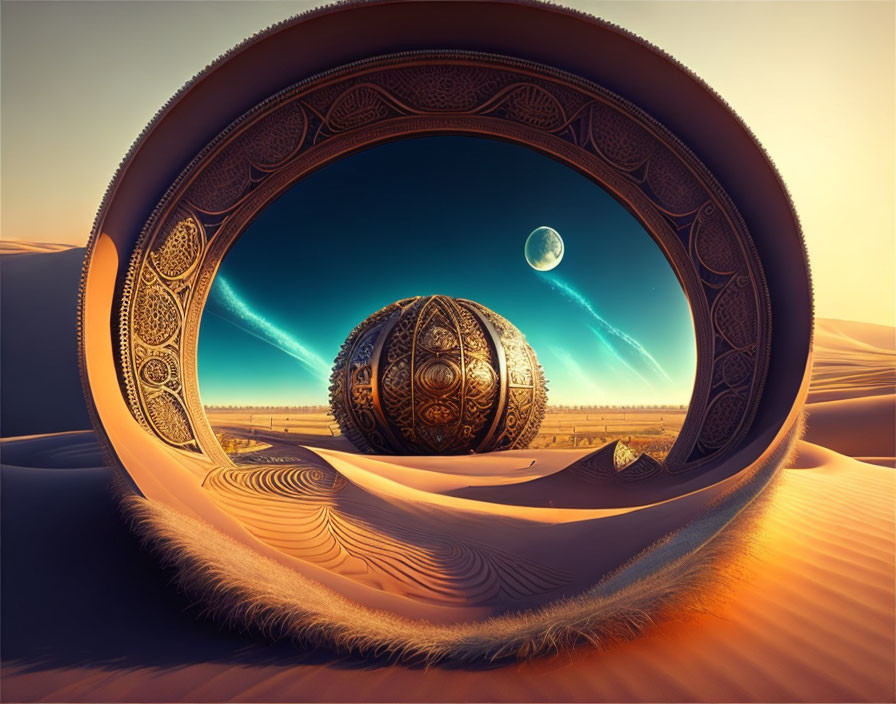 Intricate spherical object in desert with ring and moon in sky