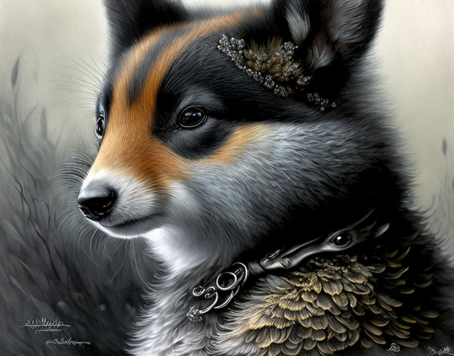 Detailed illustration: Fox with feathers and jewelry on a gray background