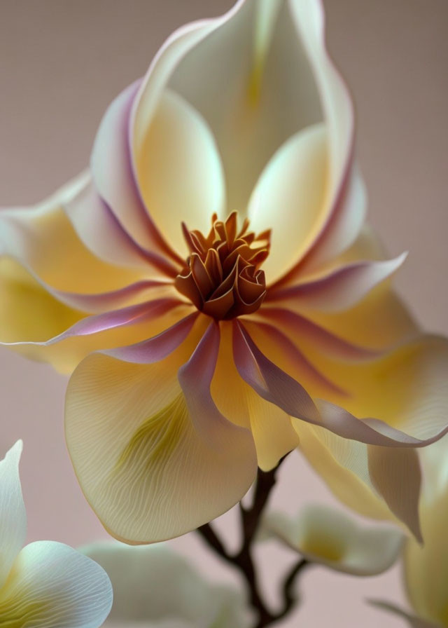 Delicate magnolia flower with yellow and pink petals in warm light