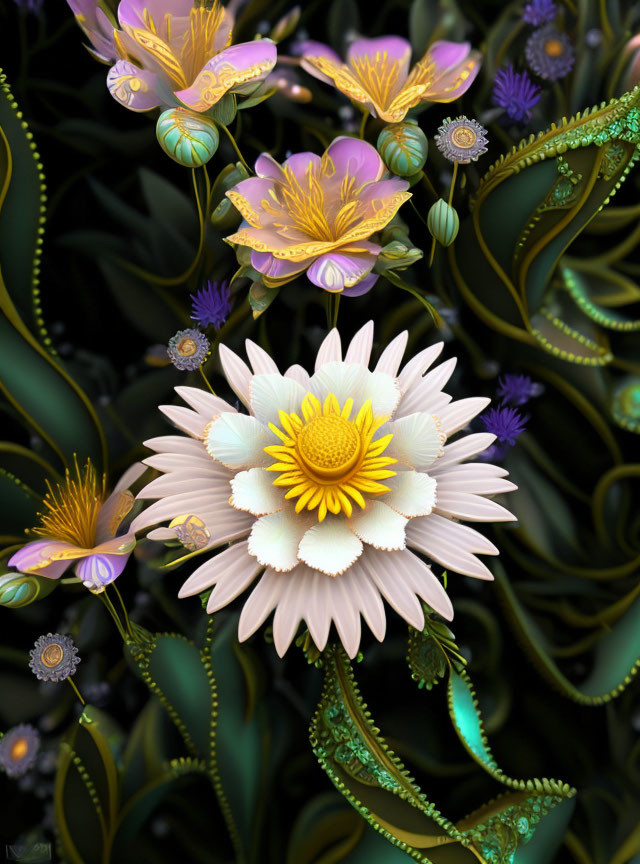 Detailed Digital Artwork Featuring White and Yellow Flower Amid Colorful Floral Forms