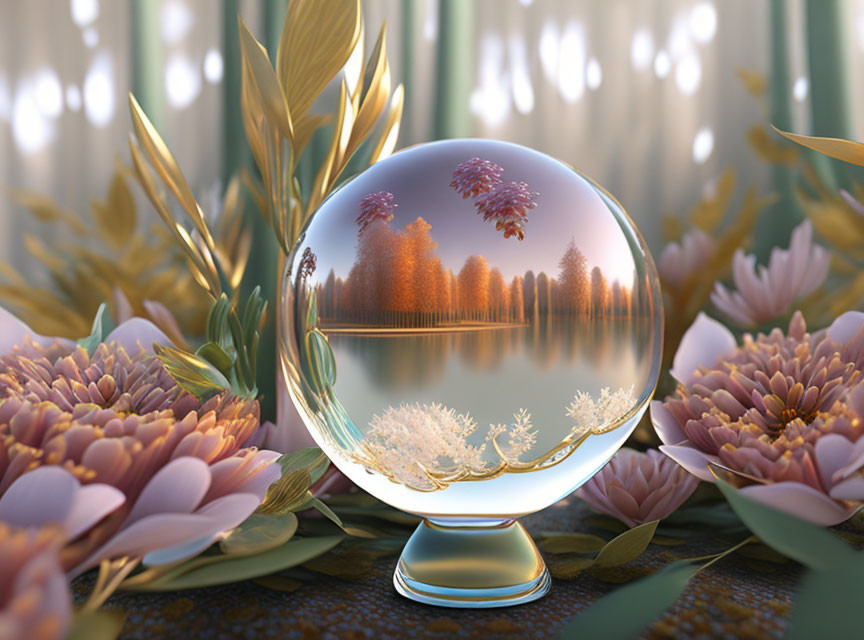 Crystal ball with pink flowers reflecting trees and lake in serene forest setting