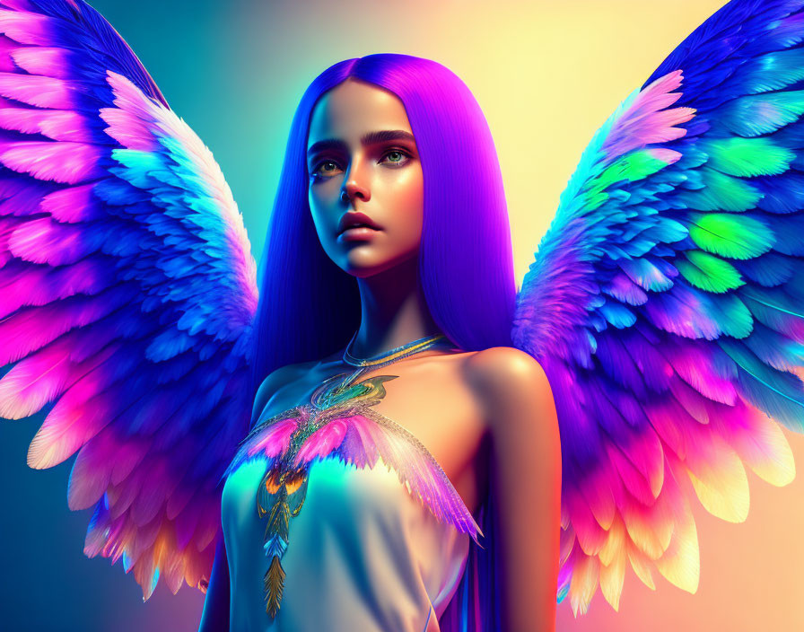 Digital artwork: Female figure with purple hair and multicolored wings on gradient background