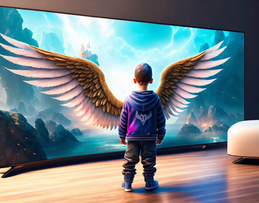 Child with angel wings projected on large screen in room