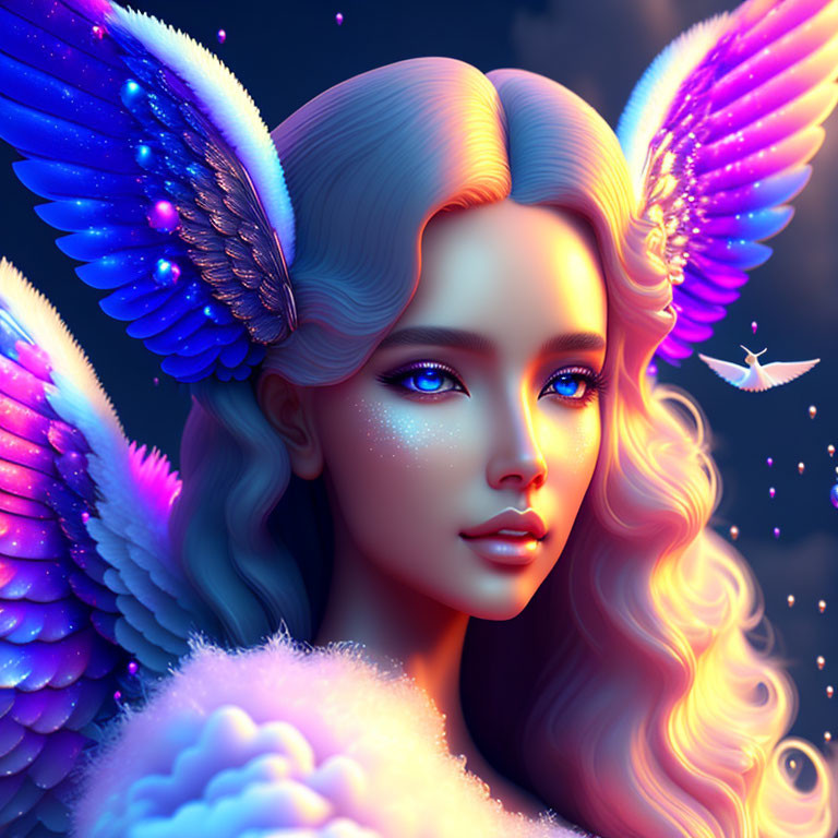 Surreal image of woman with blue butterfly wings ears in magical setting