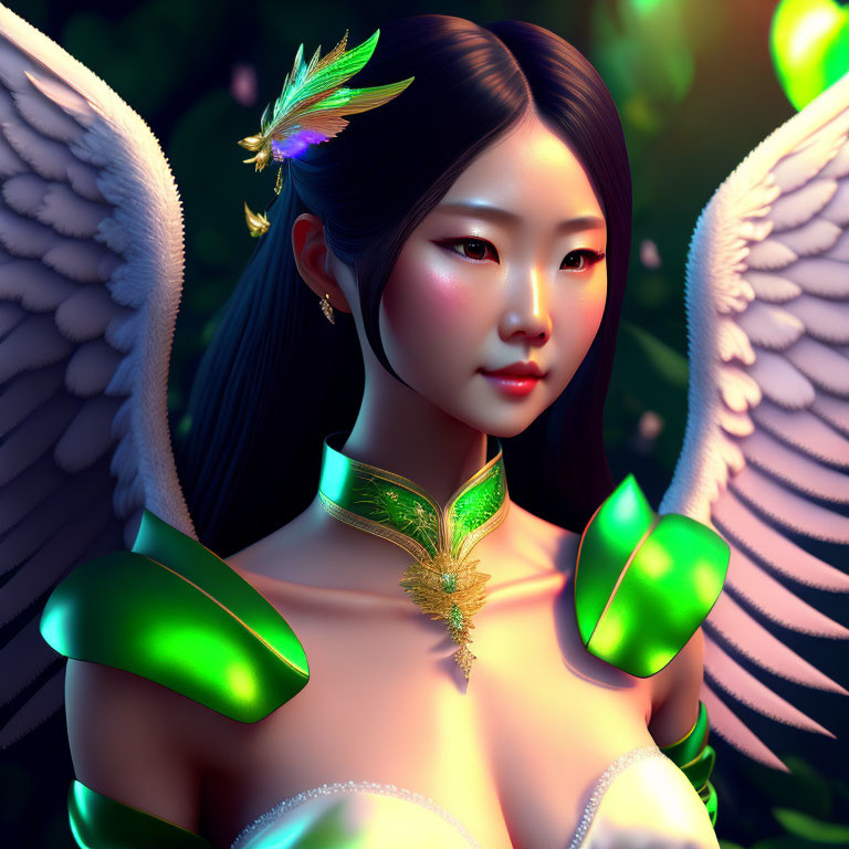 Digital artwork of woman with angel wings in green and white attire against forest backdrop