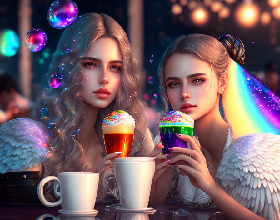 Angelic figures with wings holding colorful beverages at festive table