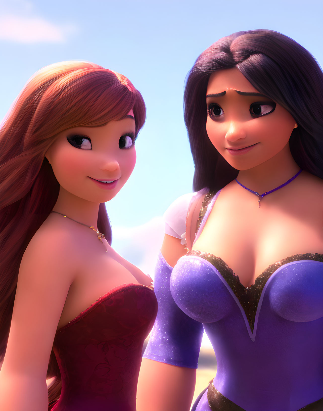 Two long-haired animated female characters, one brunette and one redhead, smiling under a sunny sky.