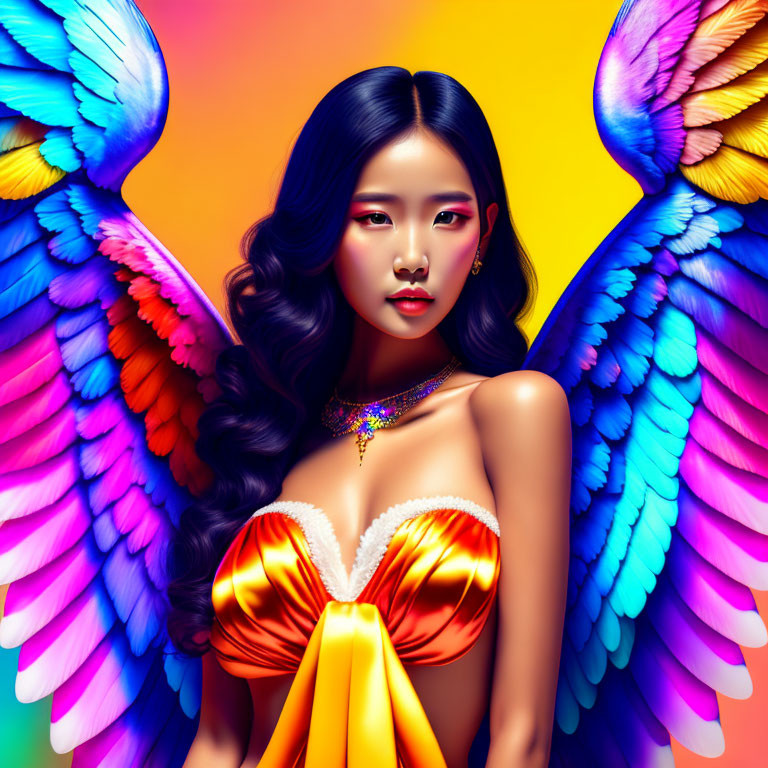 Elaborate makeup and hairstyle on woman in vibrant orange dress with angel wings