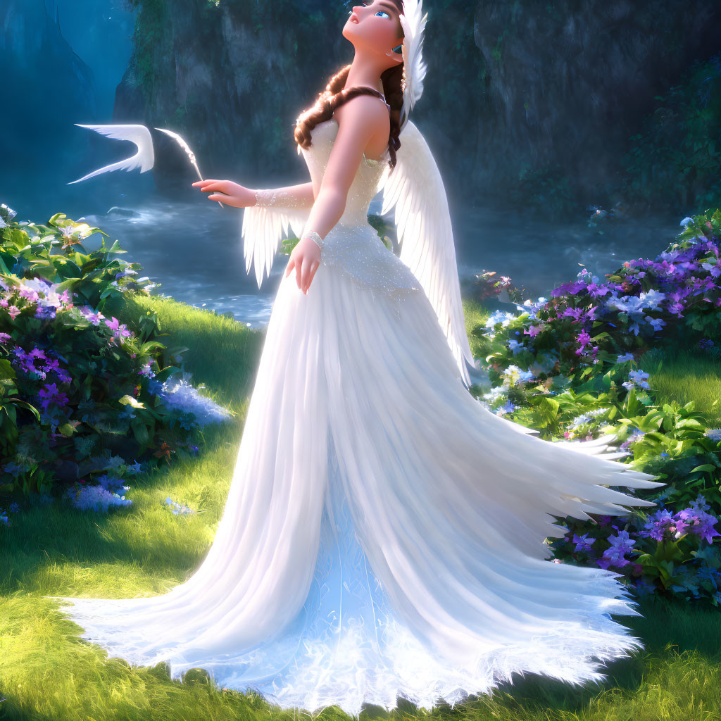 White-winged angel in sunlit glade with flowers.