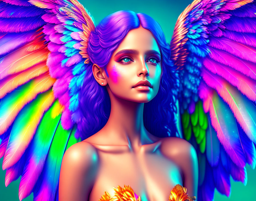 Colorful digital artwork: Female figure with purple hair and multicolored wings on turquoise background