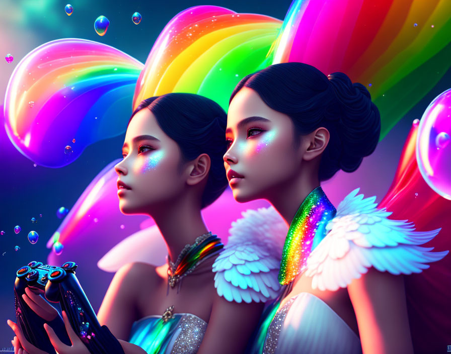 Twin girls with angel wings and rainbow hair in vibrant digital artwork