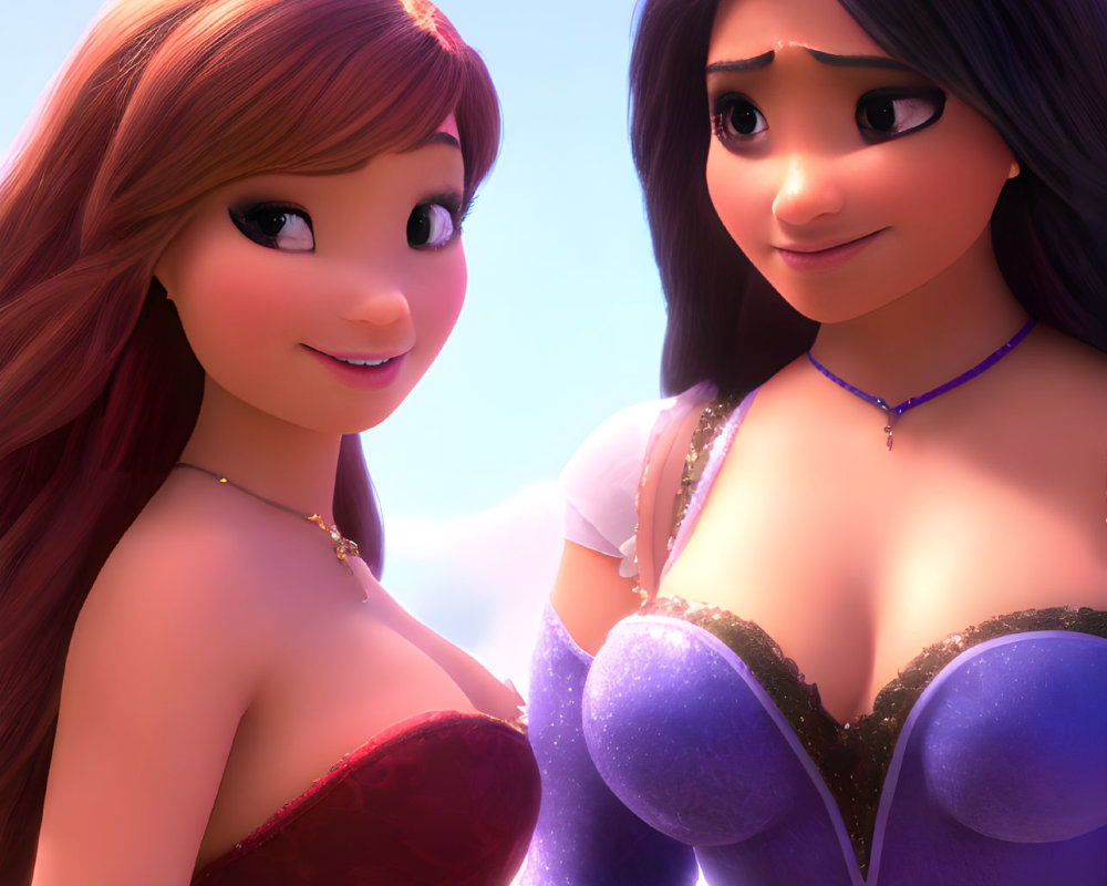 Two long-haired animated female characters, one brunette and one redhead, smiling under a sunny sky.