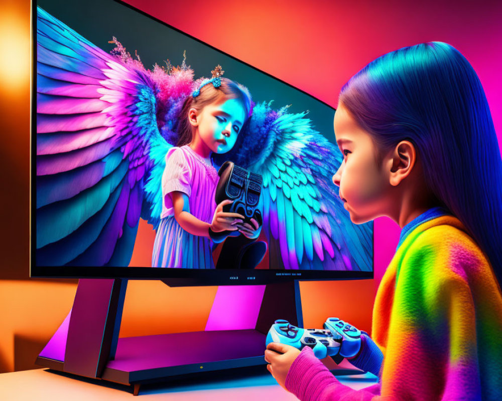 Girl with controller in front of vibrant screen with colorful wings and guitar.