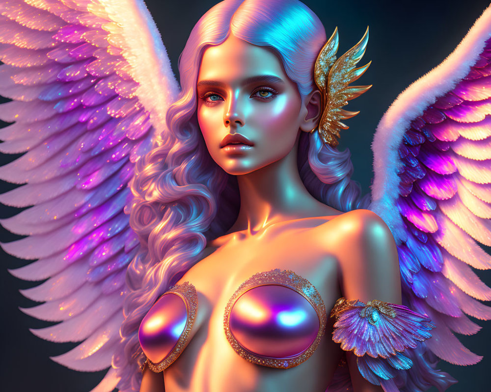 Fantasy digital artwork: Angelic figure with white wings & golden embellishments