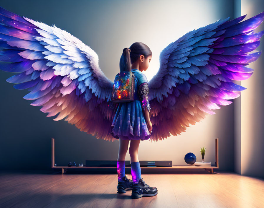 Realistic angel wings on young girl in room with glowing wall, backpack, and illuminated boots