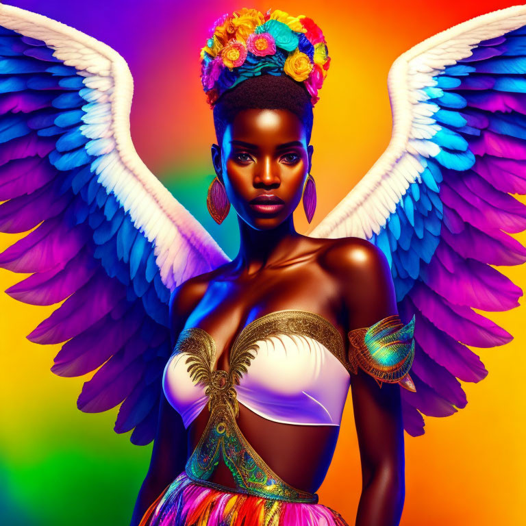 Colorful Wings Woman in Vibrant Outfit on Rainbow Background