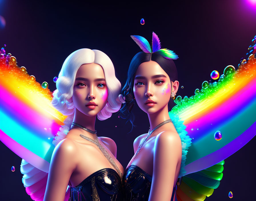 Two women with rainbow-colored wings and sparkling attire on dark background