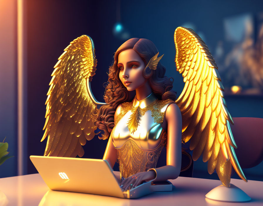 Golden-winged angel in gilded armor bodice beside laptop in dimly-lit room