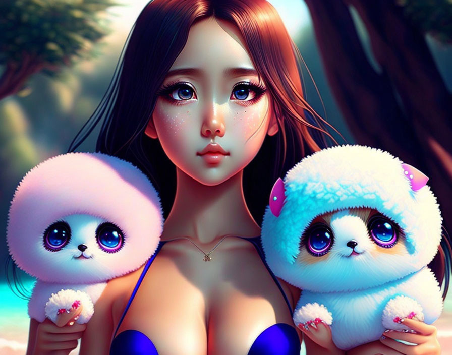 Digital artwork: Young woman with expressive eyes and cute fluffy creatures