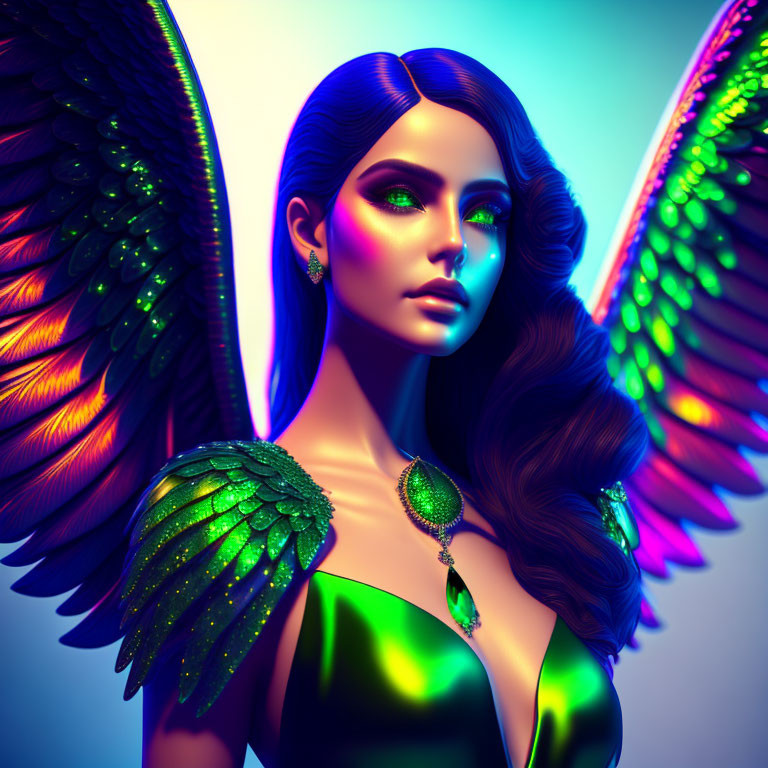 Colorful digital illustration of a woman with multicolored wings and emerald jewelry on gradient backdrop