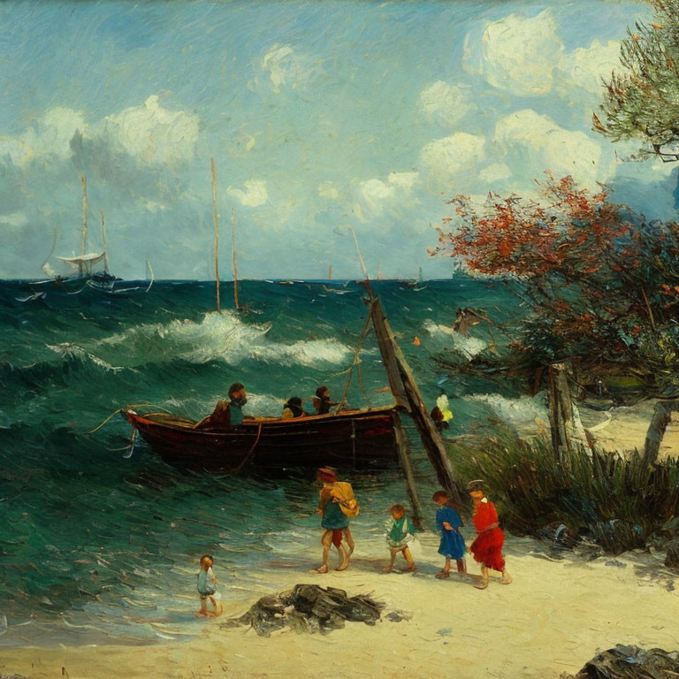 Children playing by beached rowboat in turbulent sea with sailing ships in overcast sky