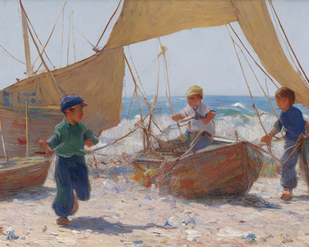 Four children by the sea with boats and sails on a sunny day