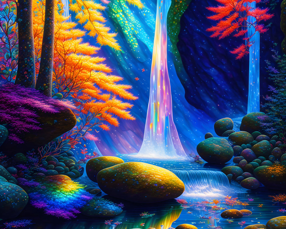 Colorful Digital Art: Magical Forest with Waterfall & Ethereal Light